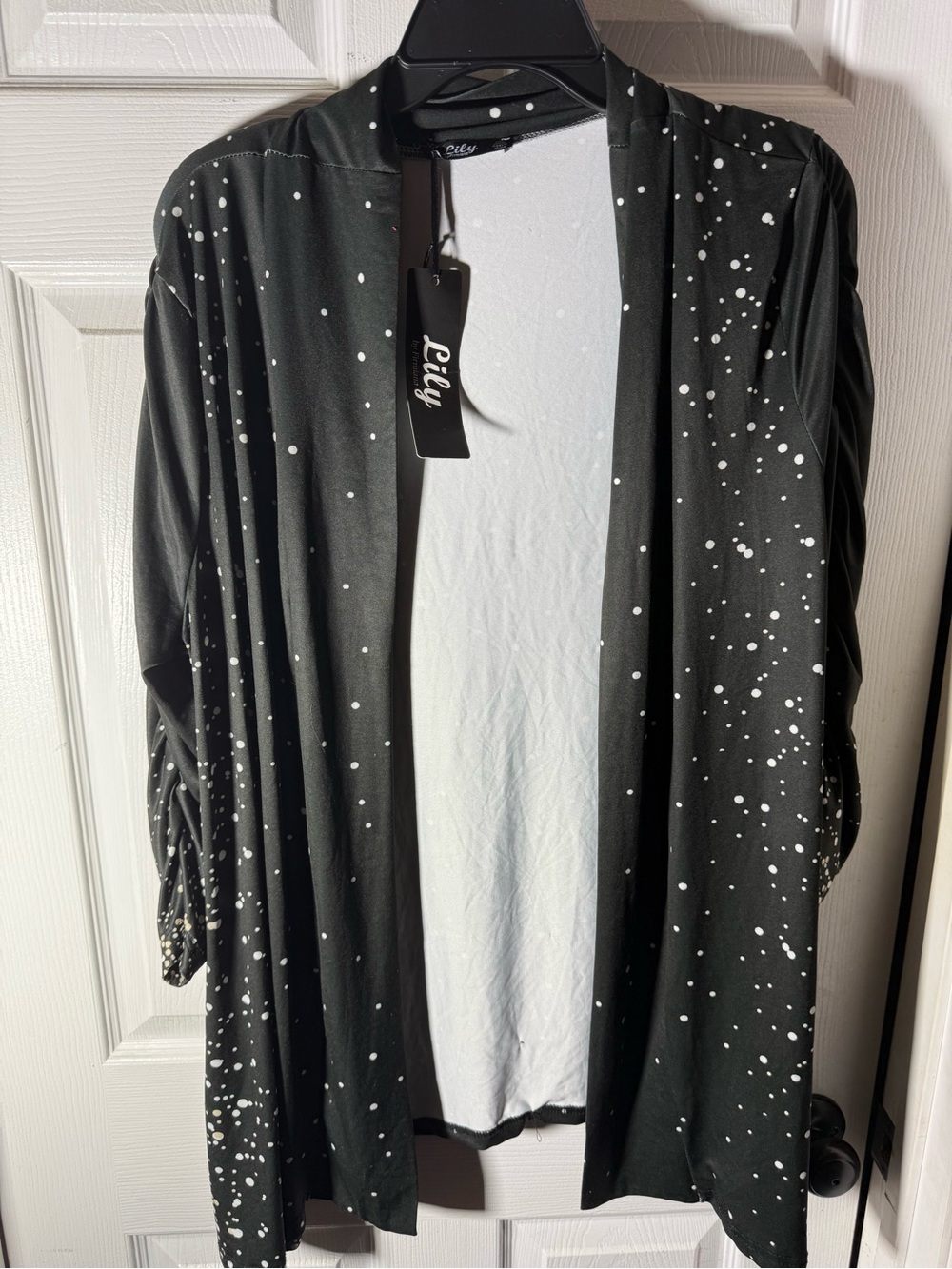 Lily Open-Front Black Cardigan with White Speckle-New with tags